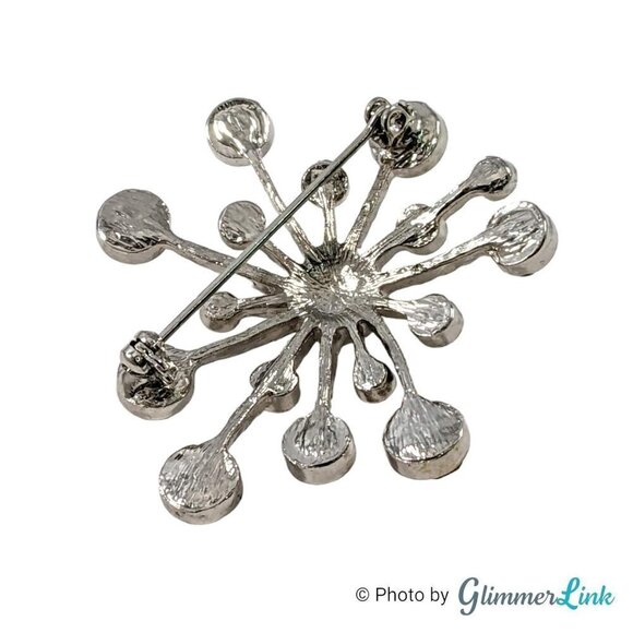 Starburst Sunburst Orange Rhinestone Silver Tone Brooch Pin - Picture 5 of 5